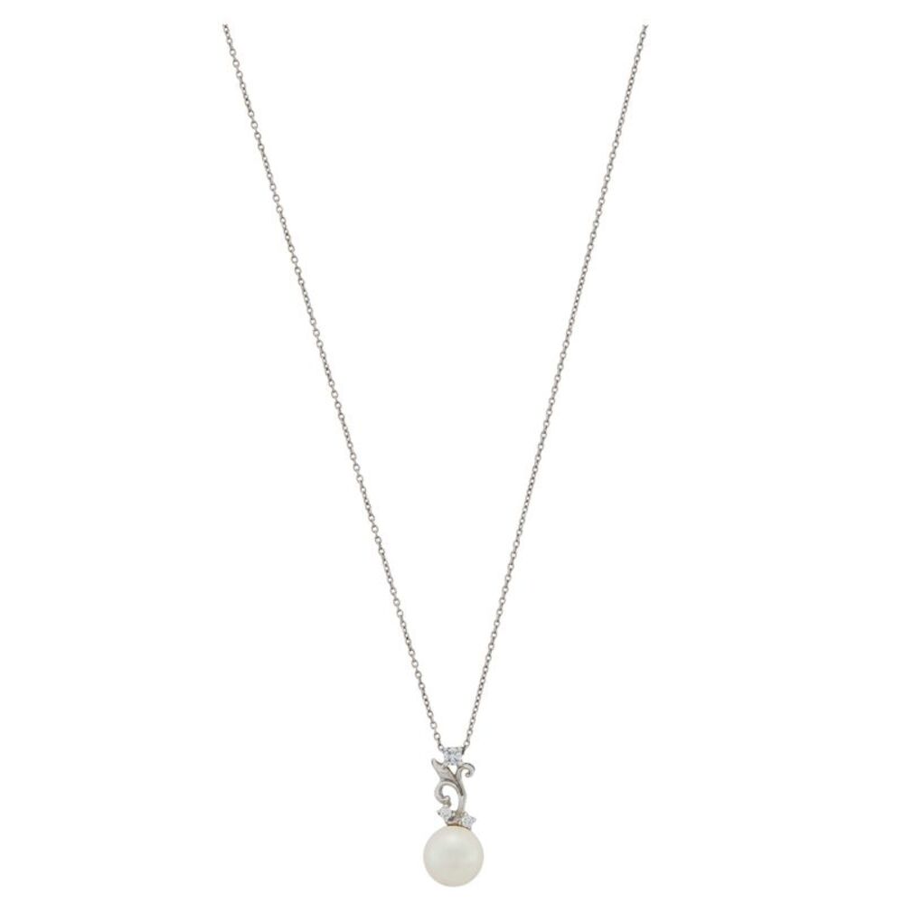 Elegant Sterling Silver Fresh Water Pearl and Crystal Accent Pendant Necklace